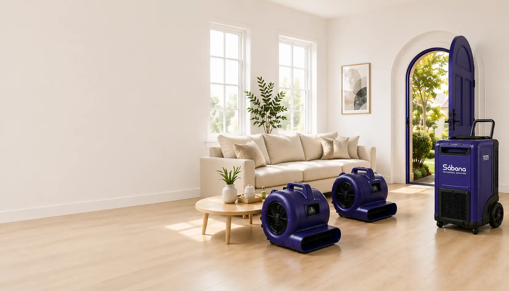 Clean restored interior with drying equipment visual