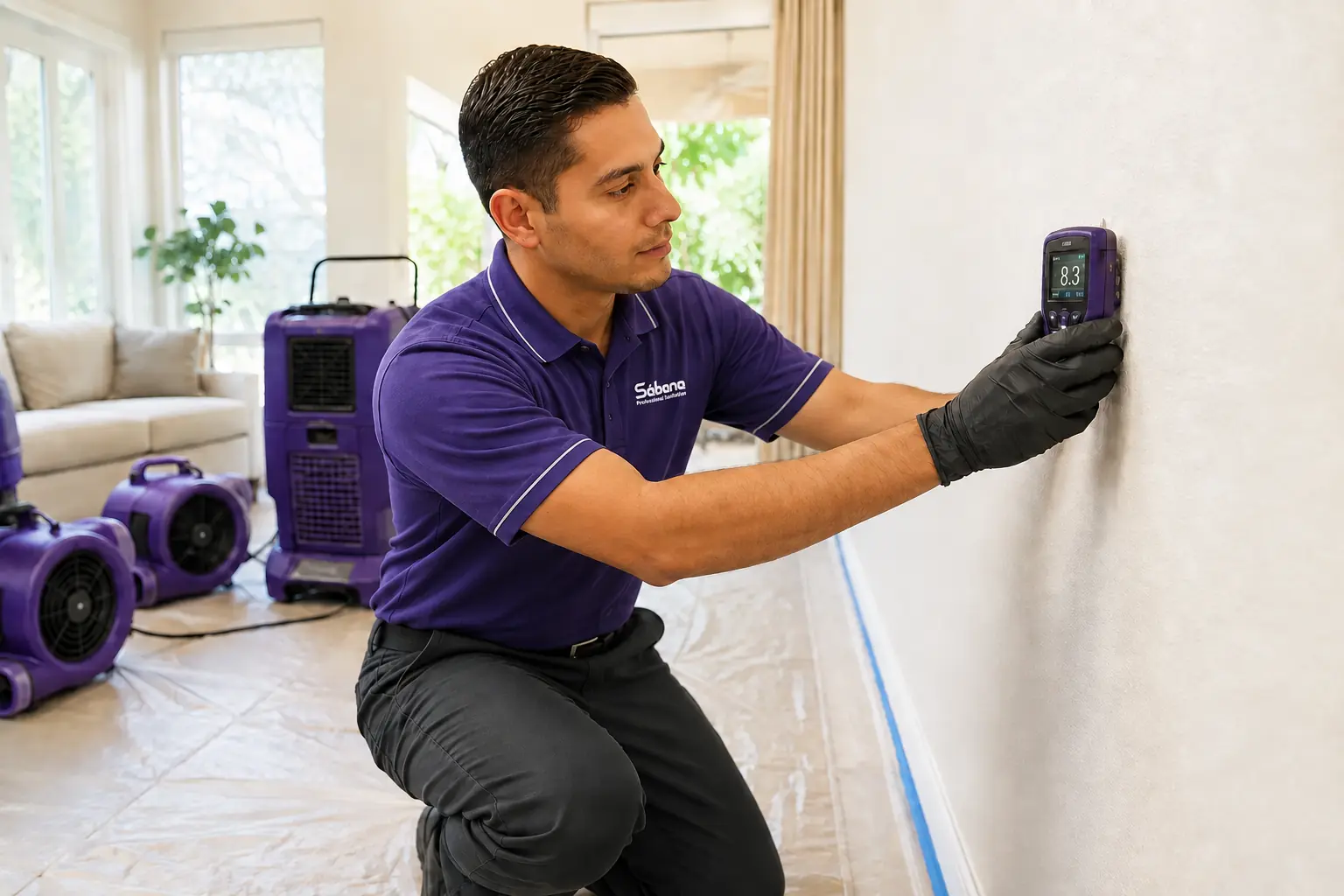Sábana technician verifying structural drying readings